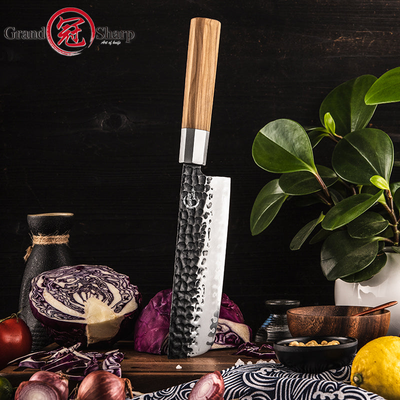 Grandsharp 6.7 Inch Nakiri Knife Kitchen Sharp Cleaver Chef Knife Stainless Steel Nakiri Knife with Olive Wooden Handle