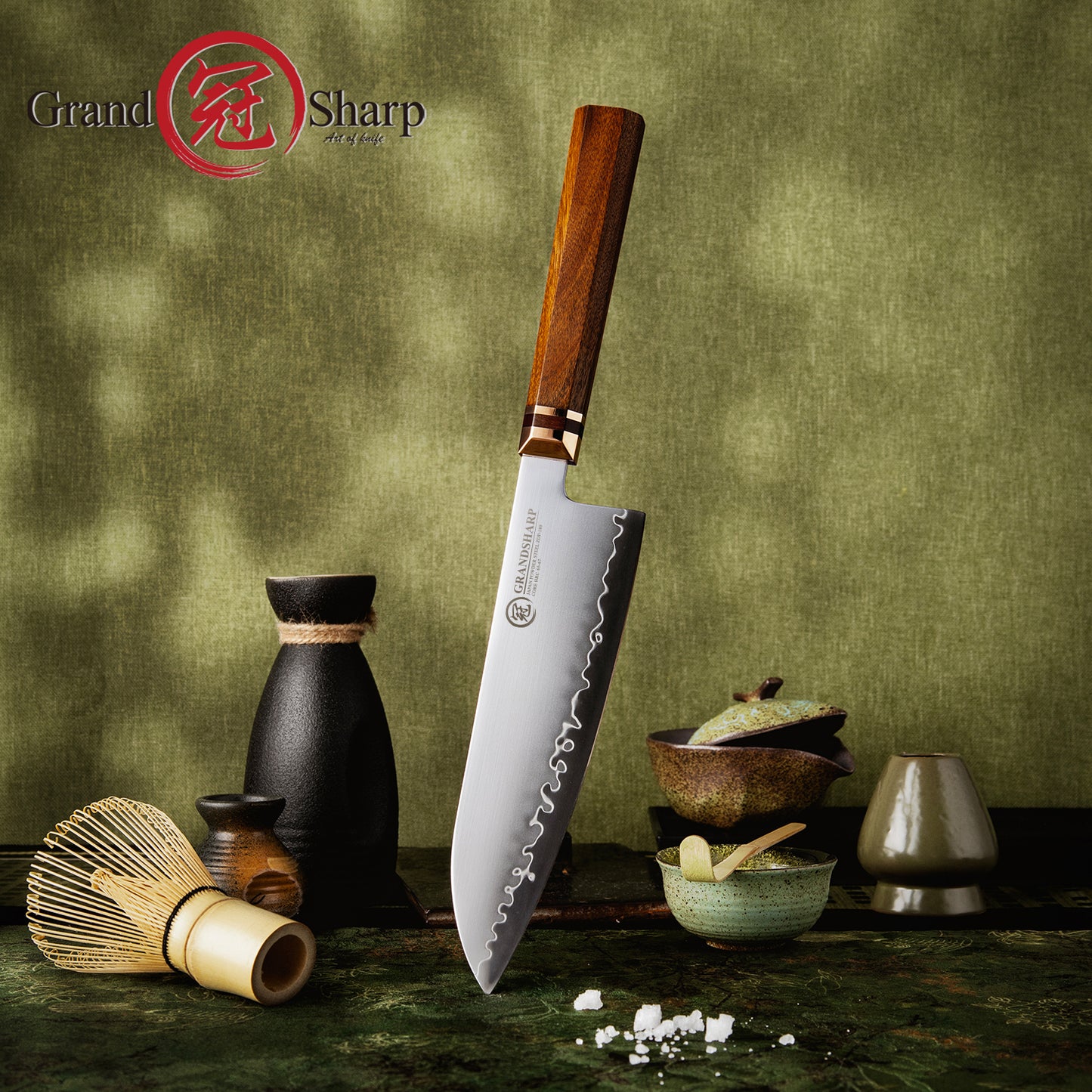 Grandsharp 7.5 Inch Japanese Kitchen Santoku Knife ZDP189 Powder Steel Santoku Knives Kitchen Cutting with Mkuruti Wood Handle