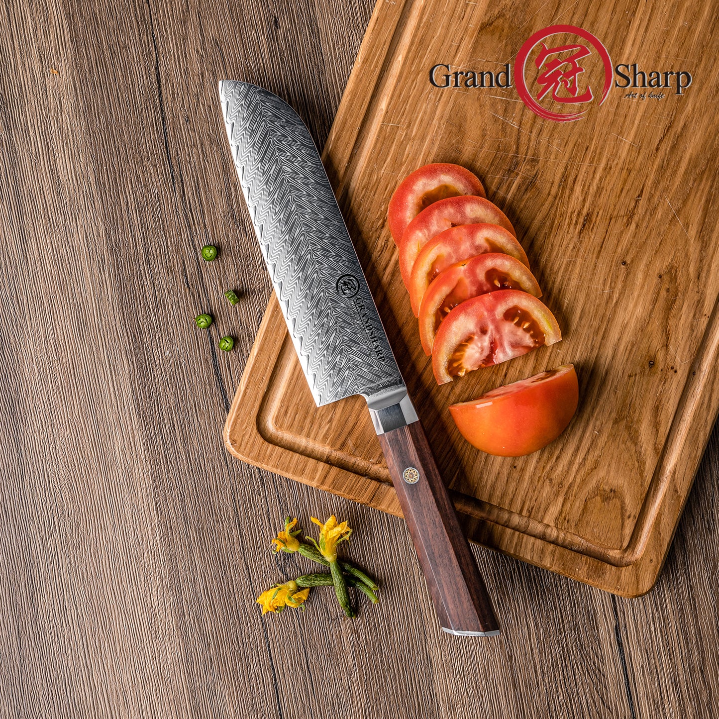 Grandsharp Rose Wood Handle Damascus Santoku Knife