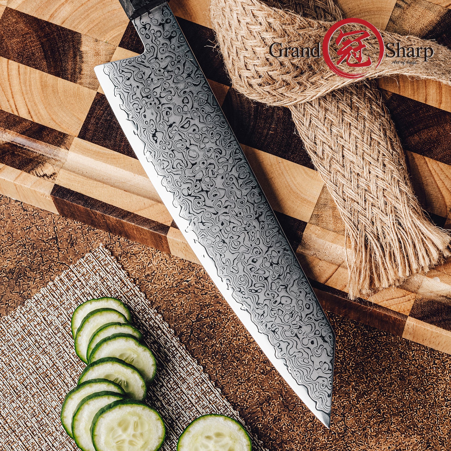 Grandsharp 67 Layers Utility Knife 6'' 10Cr15MoV Damascus Steel Utility Kitchen Knives with Black Carbon Fiber Handle