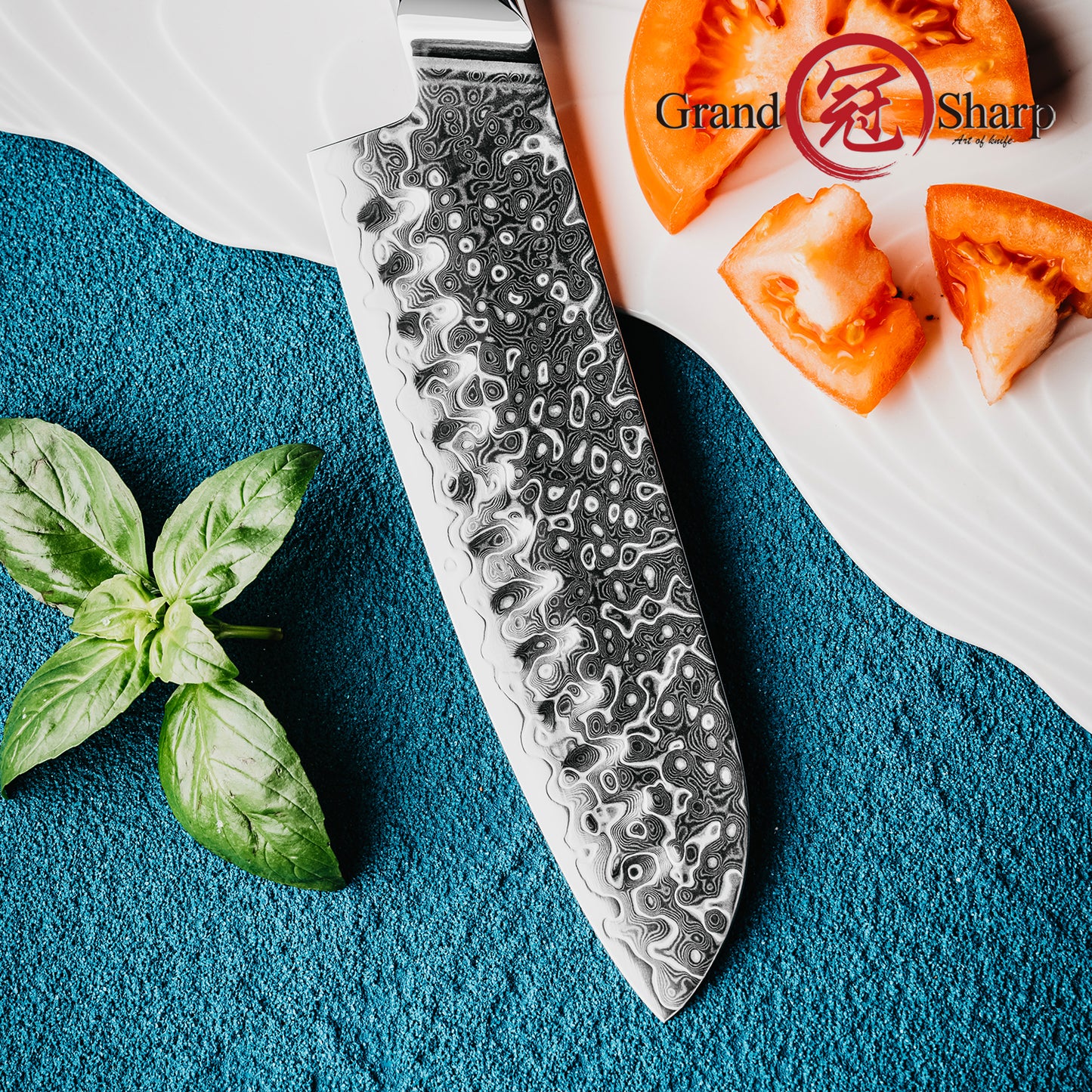 Grandsharp 7 Inch Santoku Damascus Knife Premium 129 Layers Damascus Steel Japanese Santoku Knives with Blue Resin Handle