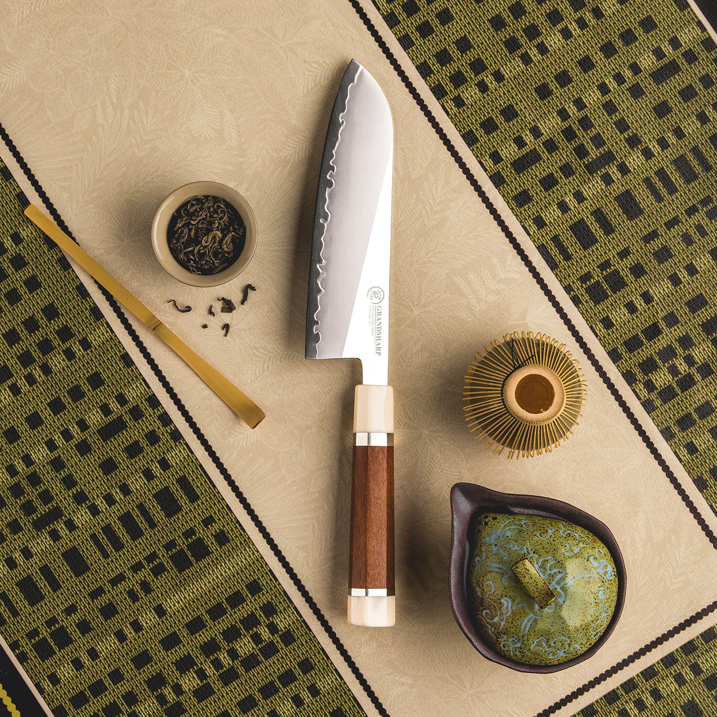 Grandsharp 7'' Kitchen Santoku Knife PM204 Carbon Steel Cutting Core Santoku Knives with Mkuruti Wood & Imitation Ivory Handle