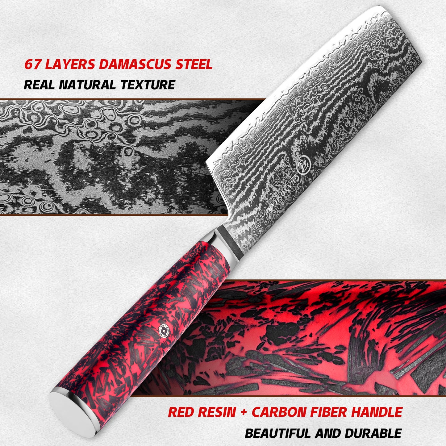 Grandsharp Custom 67 Layers S35VN Damascus Nakiri Knife Carbon Fiber and Red Risen Handle