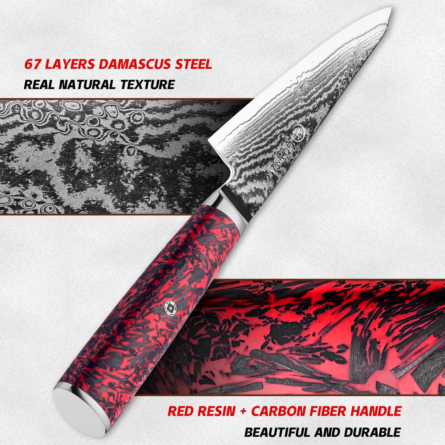 Grandsharp 67 Layers Damascus S35VN Steel Multifunction 6" Utility Knives Carbon Fiber Red Risen Handle