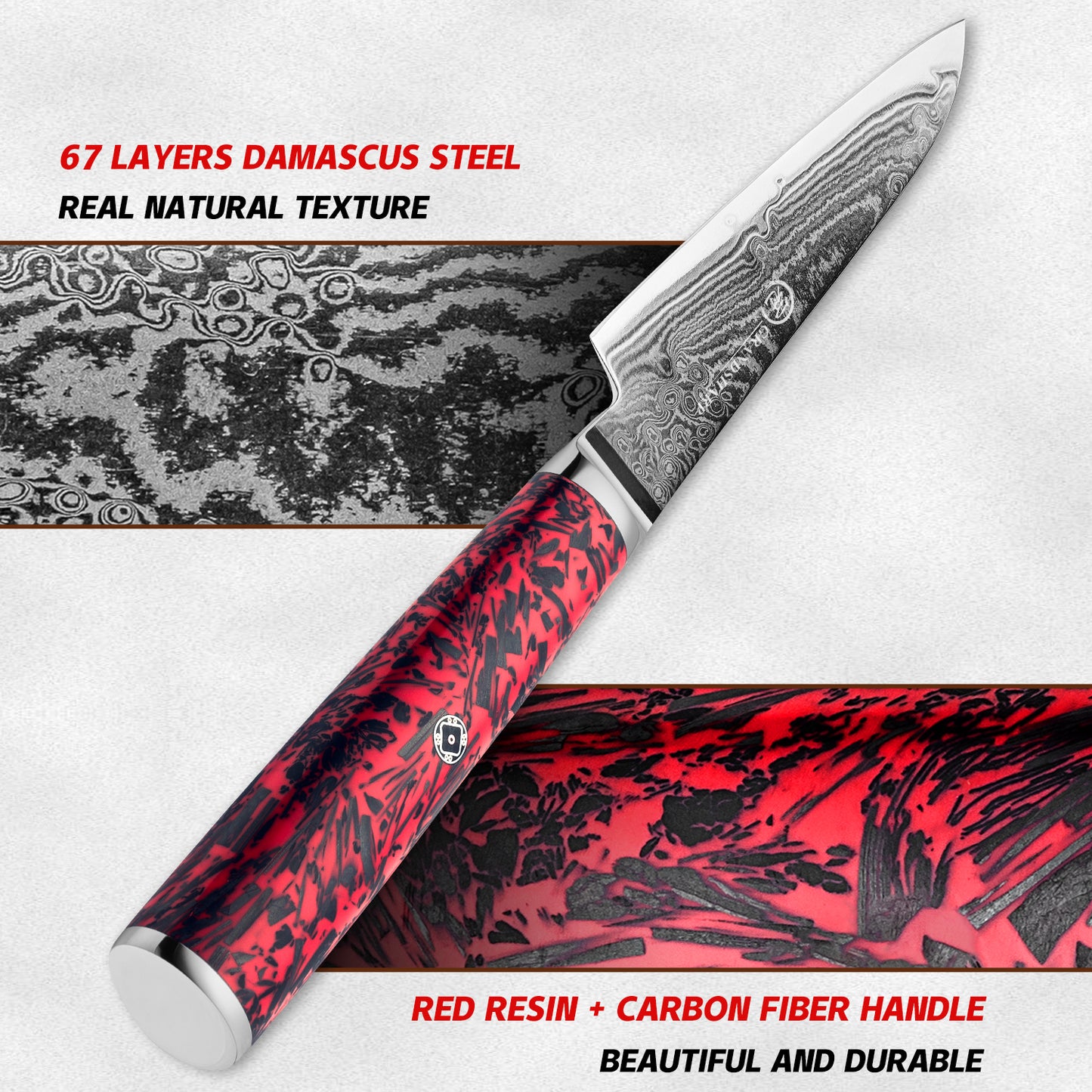 Grandsharp 4 Inch Japanese Damascus 67 Layers S35VN Steel Paring Knife Little Kitchen Paring Knife Carbon Fiber Red Risen Handle