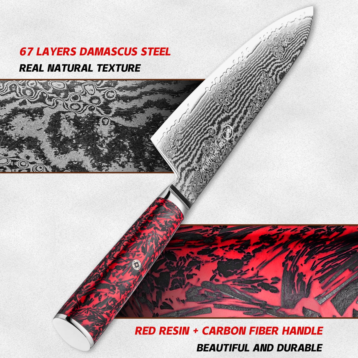 Grandsharp 8.5'' Damascus S35VN Steel Kitchen Chef Knife Carbon Fiber Red Risen Handle