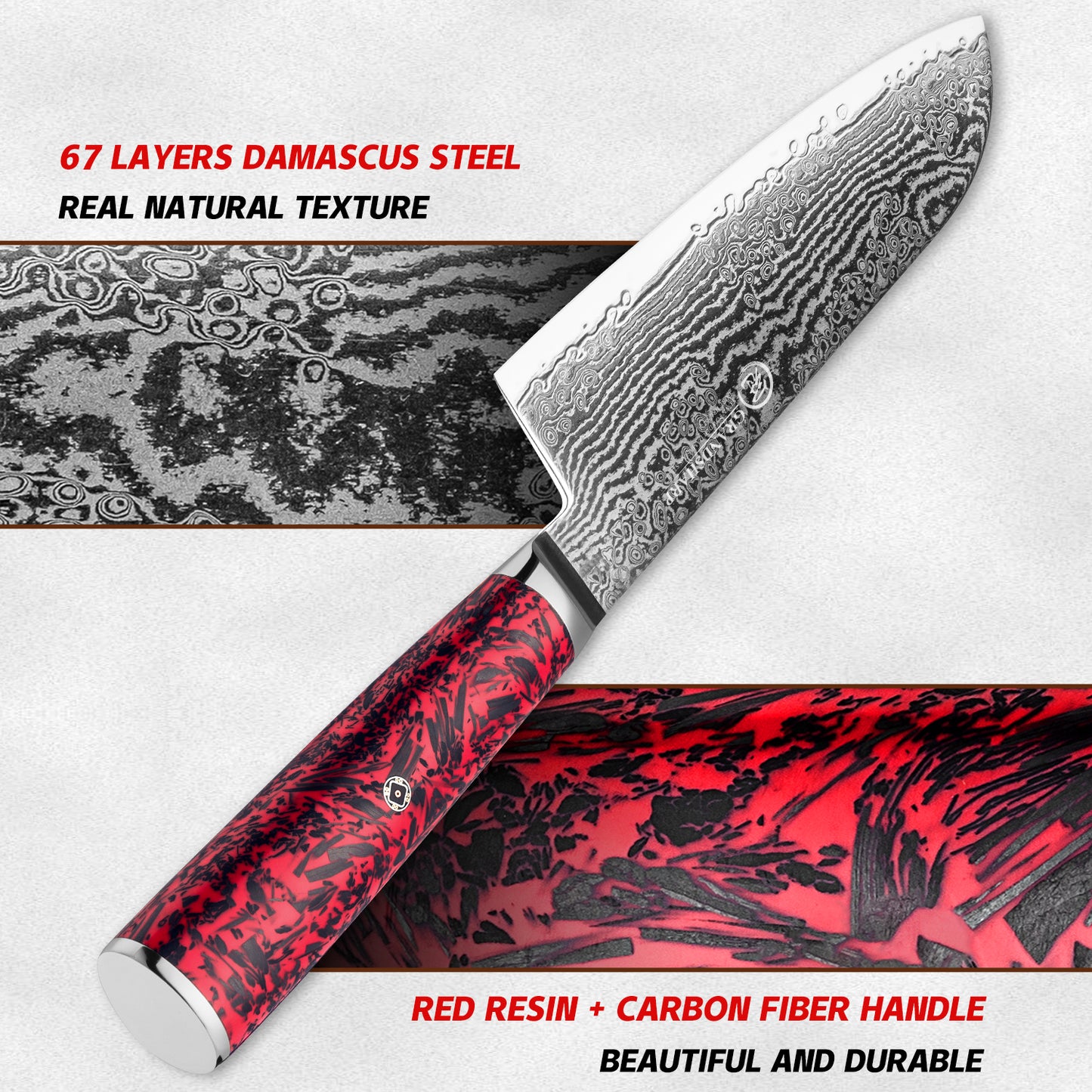 Grandsharp 7'' Santoku Knife 67 Layers S35VN Damascus Steel Carbon Fiber Red Risen Handle