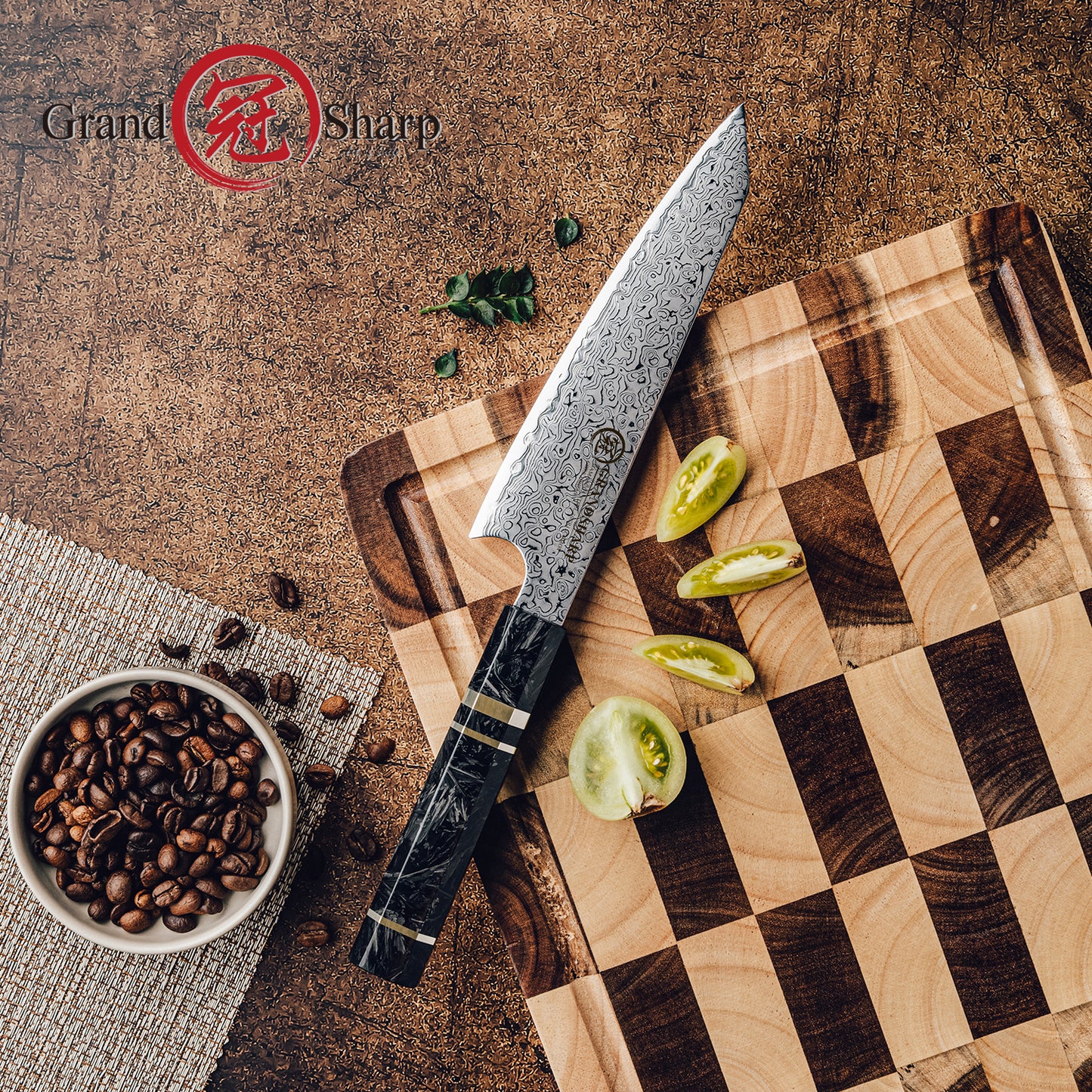 Grandsharp 67 Layers Utility Knife 6'' 10Cr15MoV Damascus Steel Utility Kitchen Knives with Black Carbon Fiber Handle