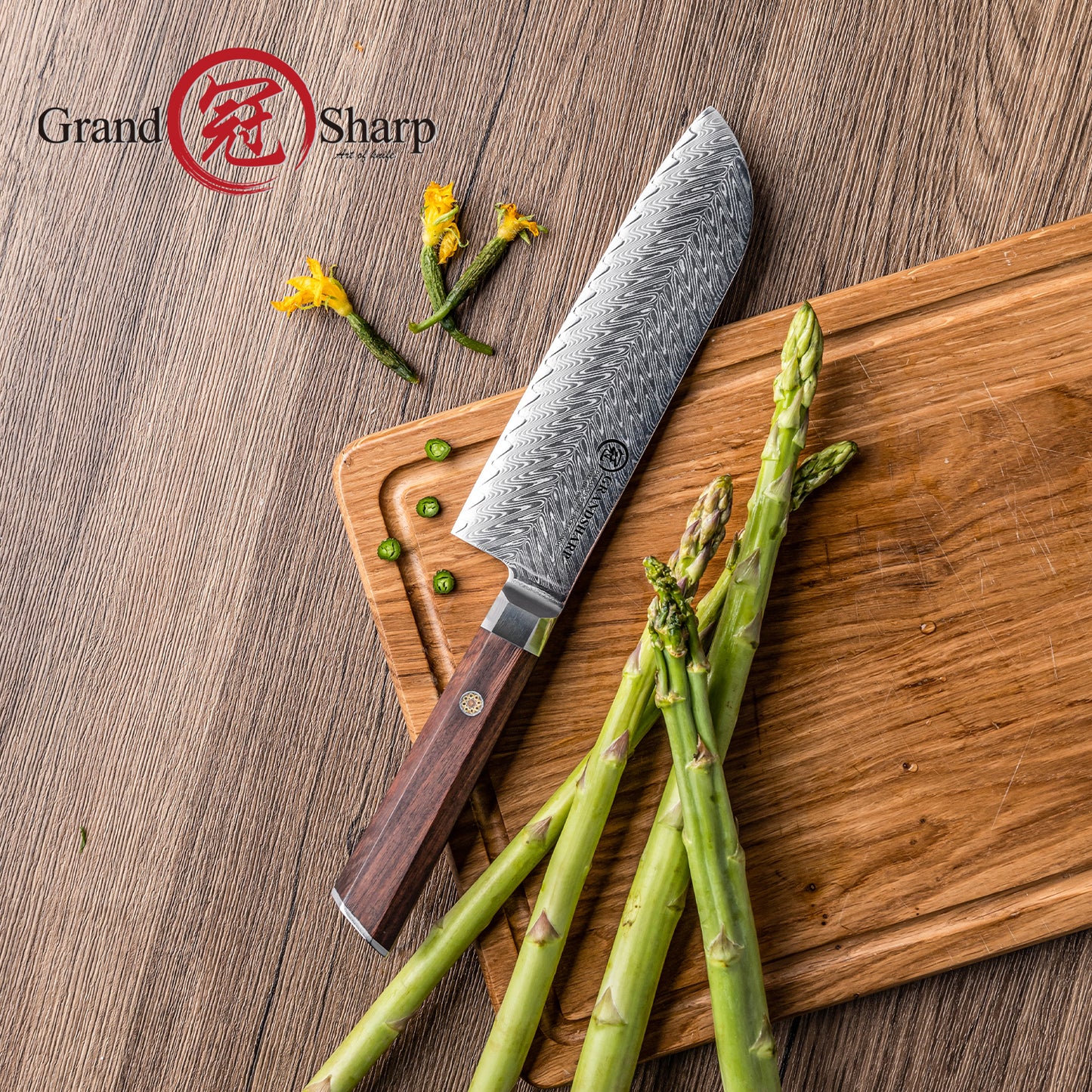 Grandsharp Rose Wood Handle Damascus Santoku Knife
