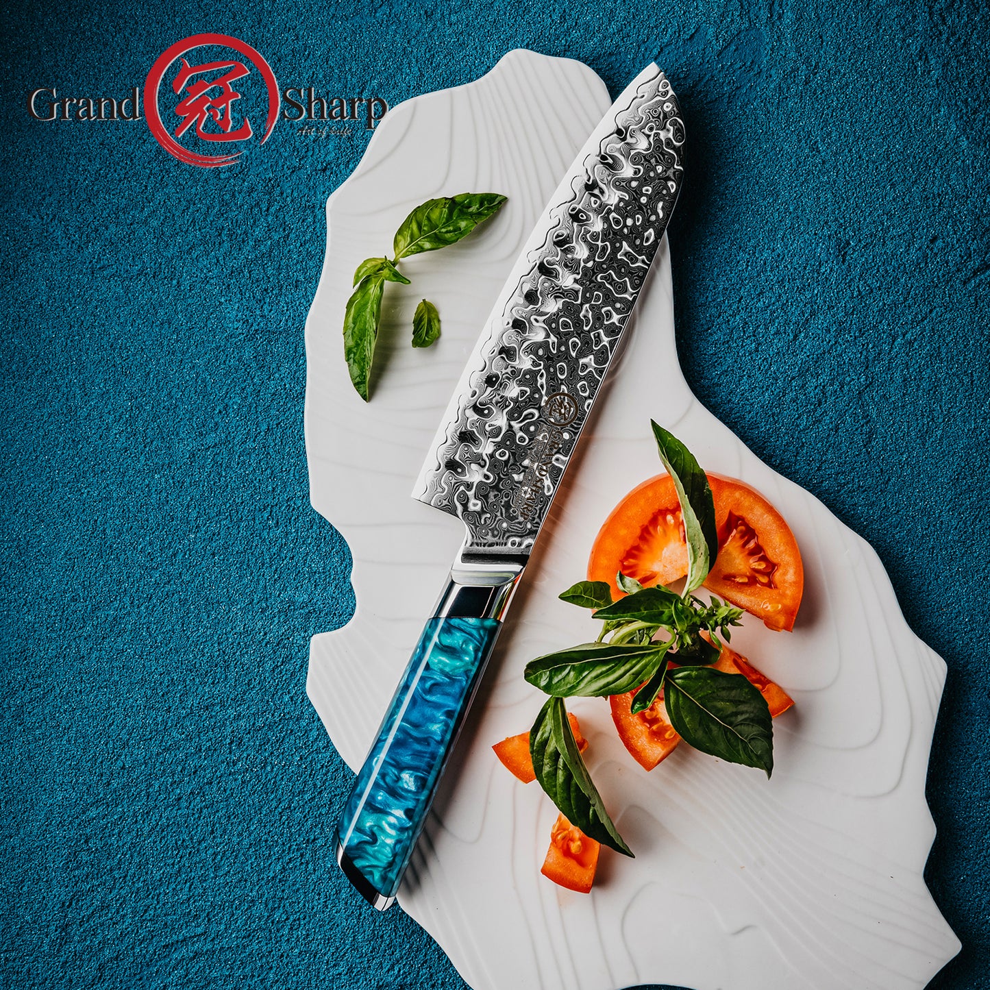 Grandsharp 7 Inch Santoku Damascus Knife Premium 129 Layers Damascus Steel Japanese Santoku Knives with Blue Resin Handle
