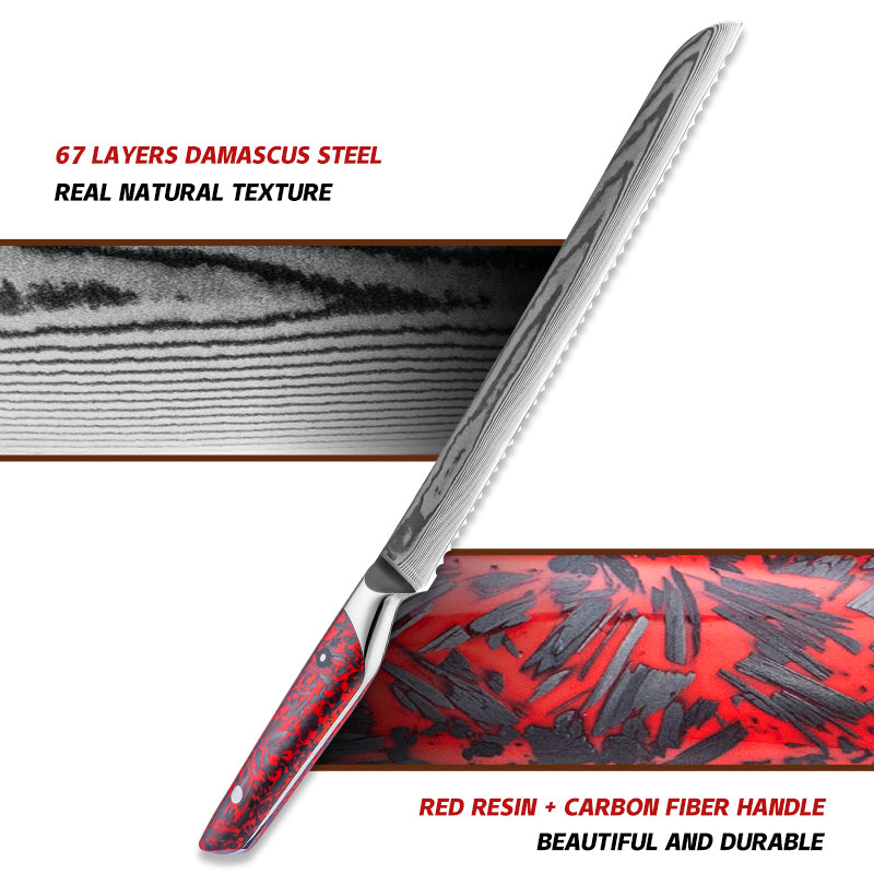 Grandsharp Damascus Steel Bread Knife 10 Inch Baking Knives Cake Slicing Kitchen Knife with Resin and Carbon Fiber Handle