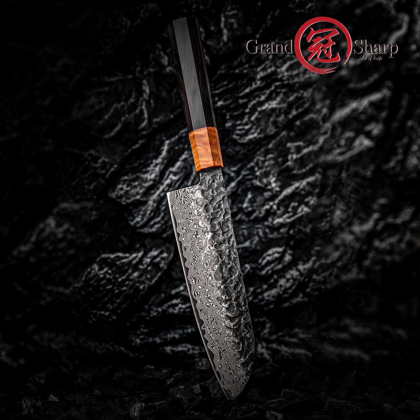Grandsharp 67 Layers Damascus Steel Santoku Knife 7 Inch Japanese Carbon Steel Santoku Knife with Ebony & Solidified Wood Handle