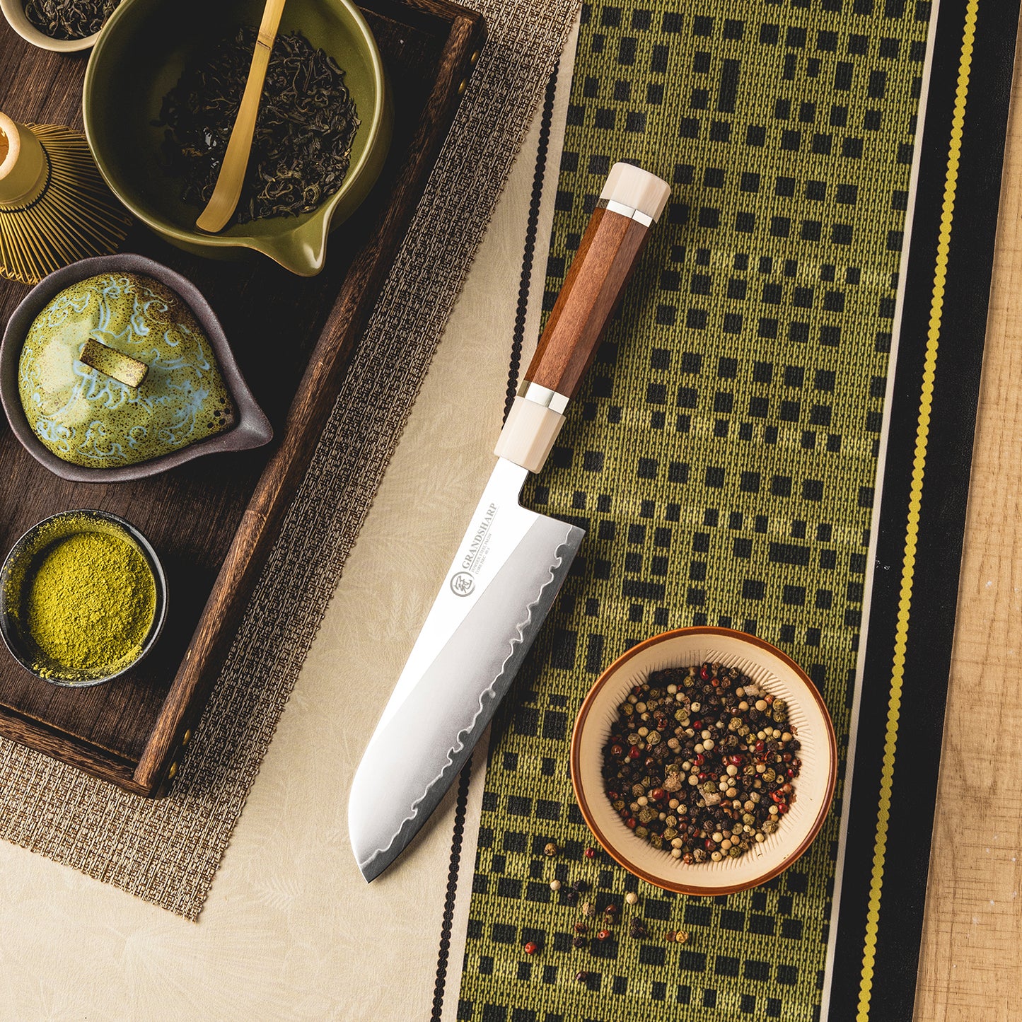 Grandsharp 7'' Kitchen Santoku Knife PM204 Carbon Steel Cutting Core Santoku Knives with Mkuruti Wood & Imitation Ivory Handle