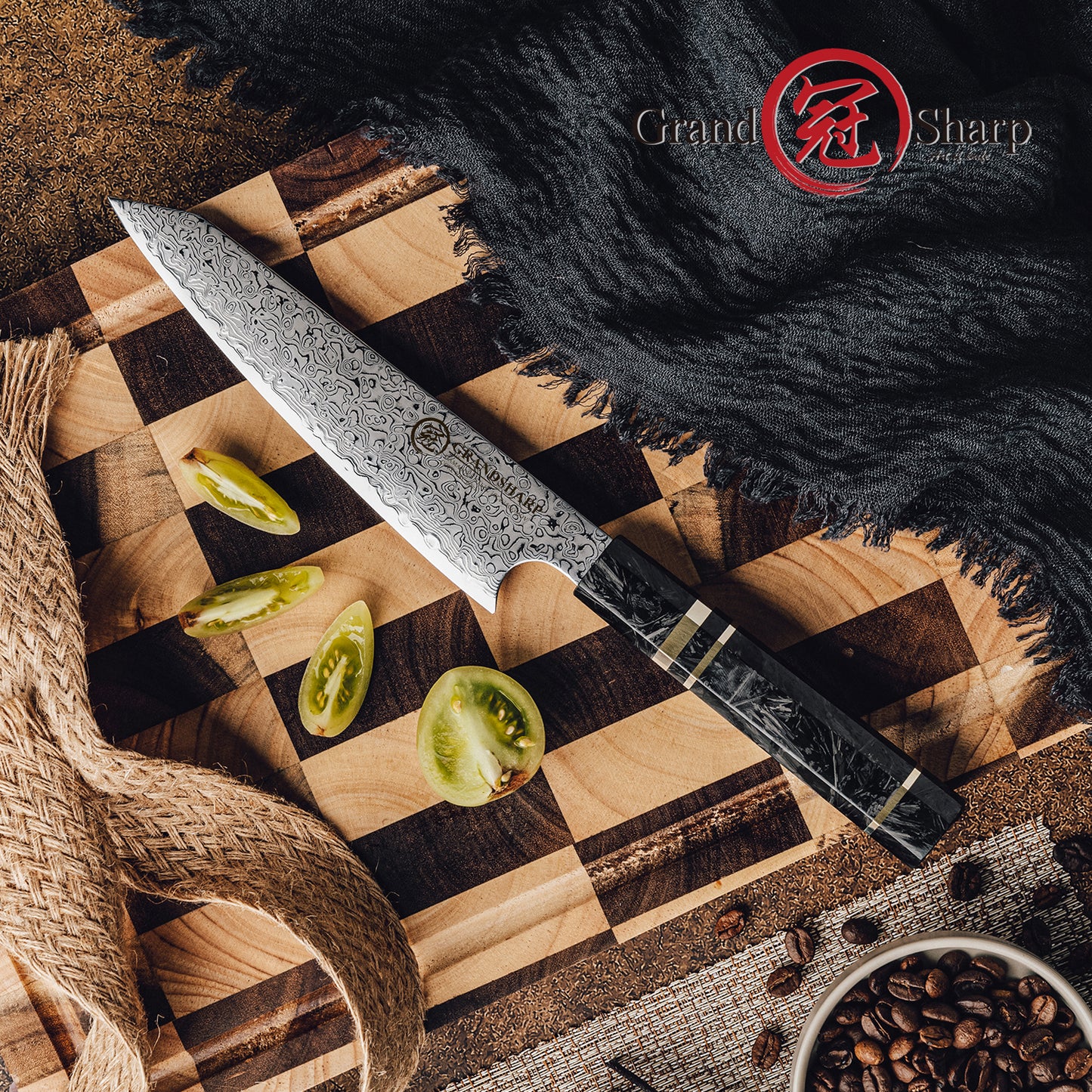 Grandsharp 67 Layers Utility Knife 6'' 10Cr15MoV Damascus Steel Utility Kitchen Knives with Black Carbon Fiber Handle