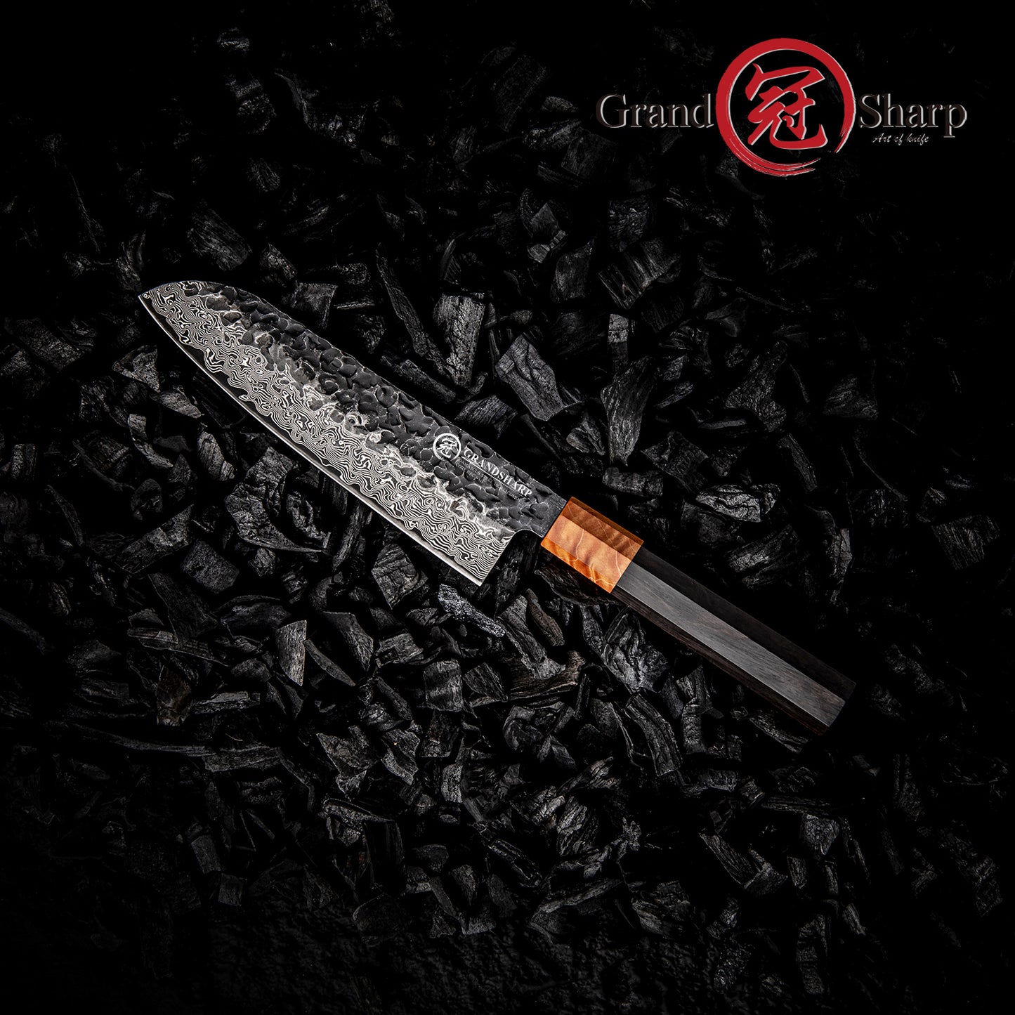 Grandsharp 67 Layers Damascus Steel Santoku Knife 7 Inch Japanese Carbon Steel Santoku Knife with Ebony & Solidified Wood Handle