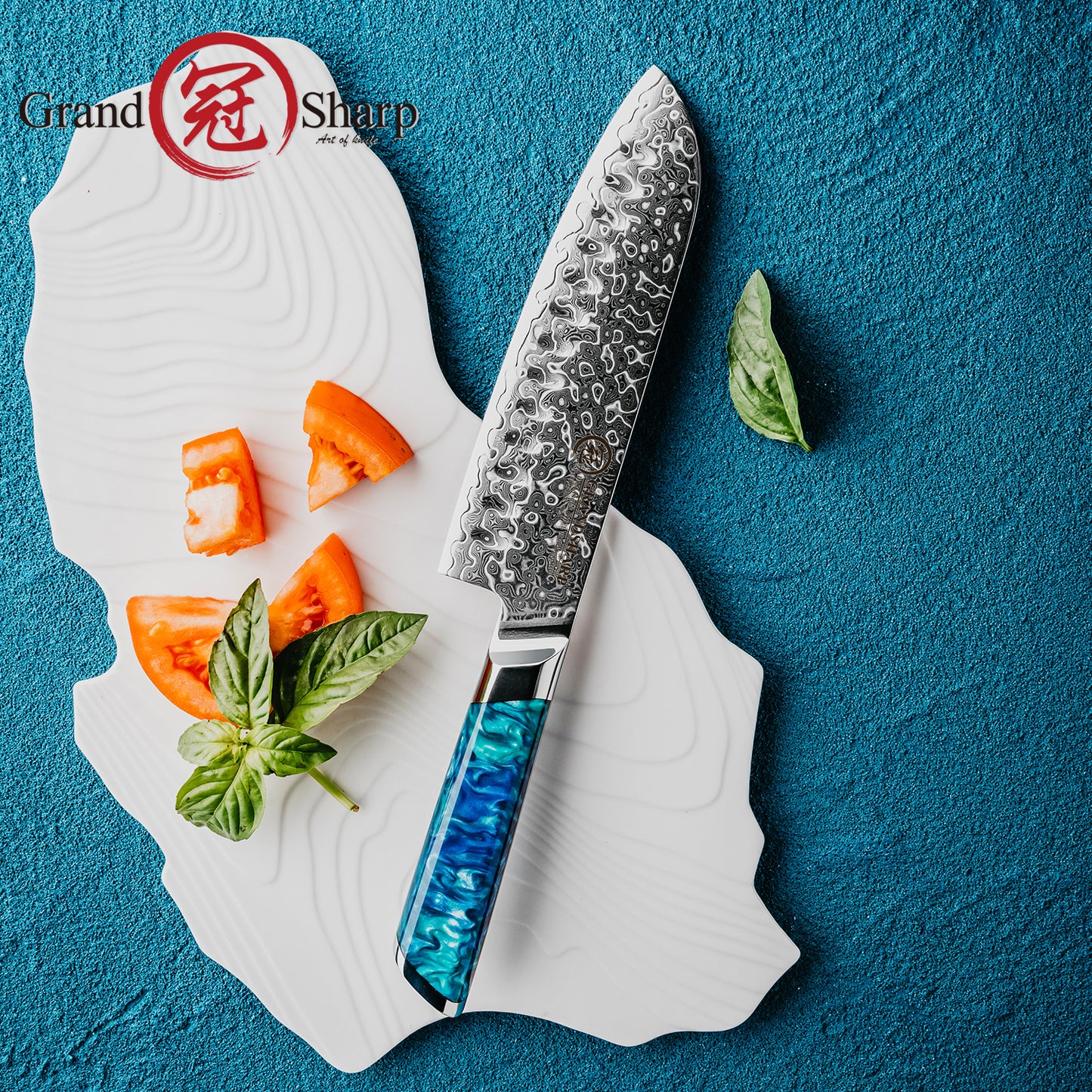 Grandsharp 7 Inch Santoku Damascus Knife Premium 129 Layers Damascus Steel Japanese Santoku Knives with Blue Resin Handle