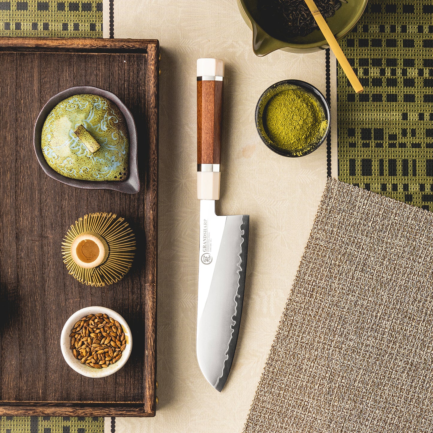 Grandsharp 7'' Kitchen Santoku Knife PM204 Carbon Steel Cutting Core Santoku Knives with Mkuruti Wood & Imitation Ivory Handle