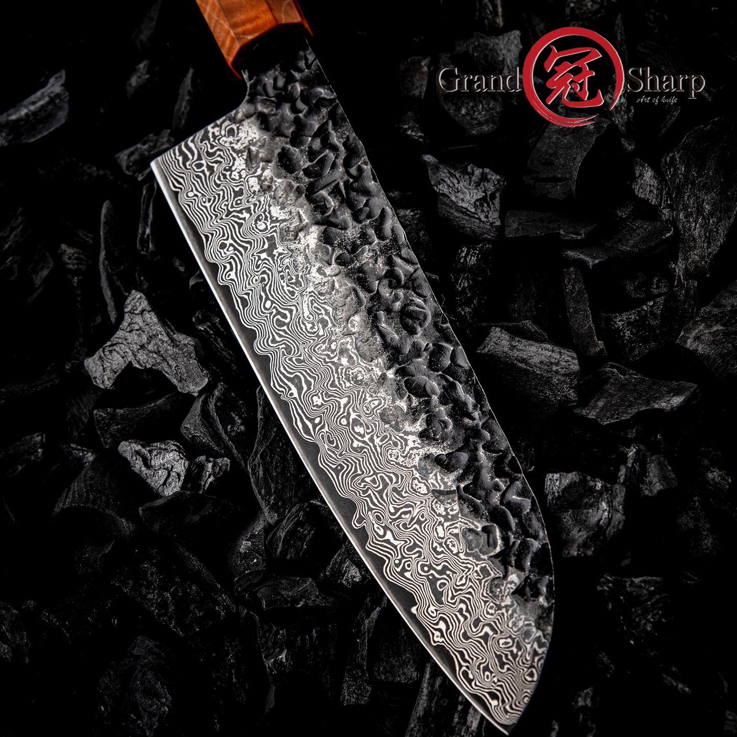 Grandsharp 67 Layers Damascus Steel Santoku Knife 7 Inch Japanese Carbon Steel Santoku Knife with Ebony & Solidified Wood Handle