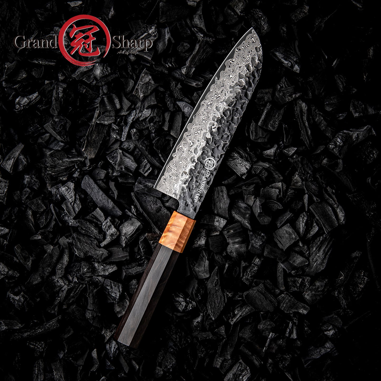 Grandsharp 67 Layers Damascus Steel Santoku Knife 7 Inch Japanese Carbon Steel Santoku Knife with Ebony & Solidified Wood Handle