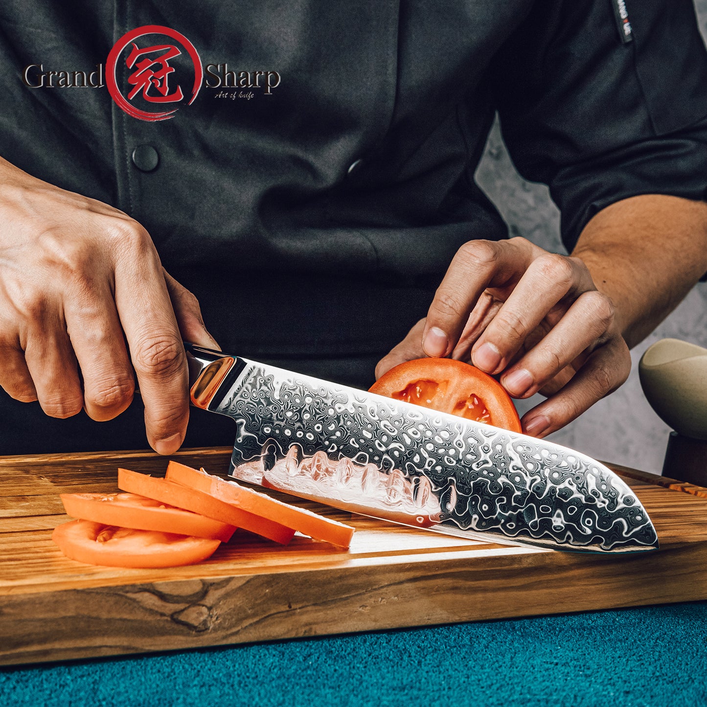 Grandsharp 7 Inch Santoku Damascus Knife Premium 129 Layers Damascus Steel Japanese Santoku Knives with Blue Resin Handle