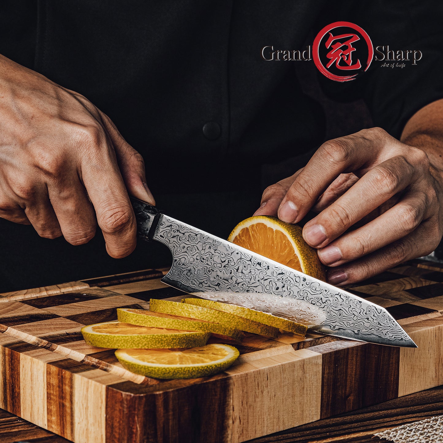 Grandsharp 67 Layers Utility Knife 6'' 10Cr15MoV Damascus Steel Utility Kitchen Knives with Black Carbon Fiber Handle
