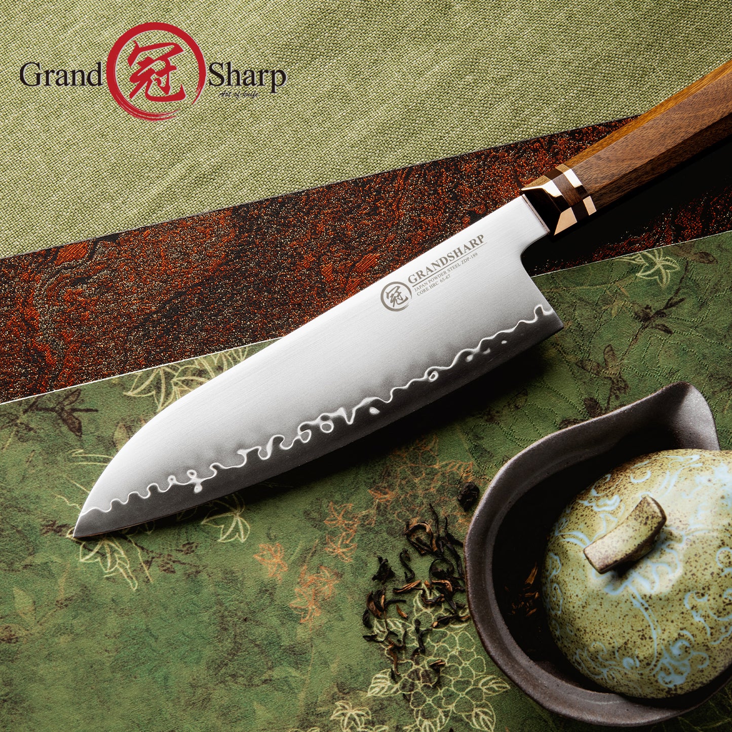 Grandsharp 7.5 Inch Japanese Kitchen Santoku Knife ZDP189 Powder Steel Santoku Knives Kitchen Cutting with Mkuruti Wood Handle