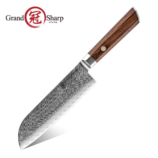 Grandsharp Rose Wood Handle Damascus Santoku Knife