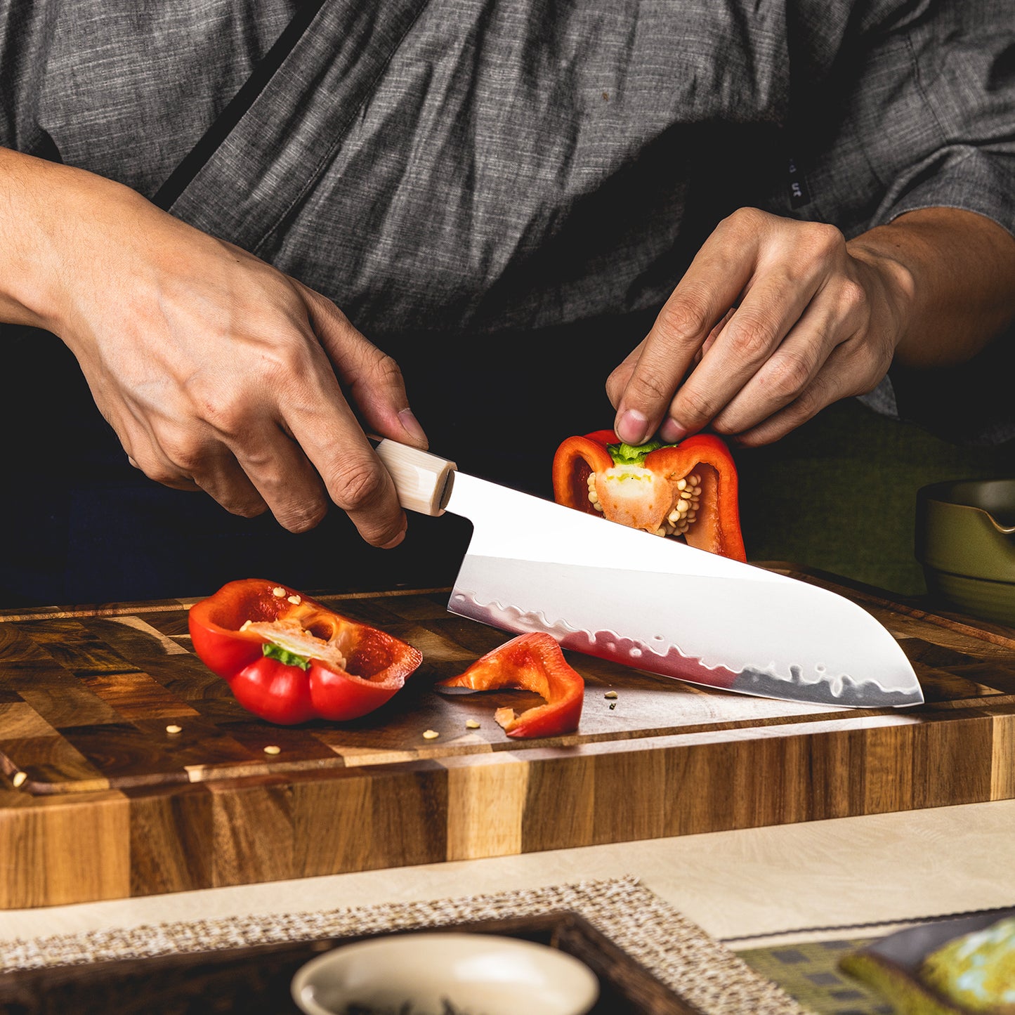 Grandsharp 7'' Kitchen Santoku Knife PM204 Carbon Steel Cutting Core Santoku Knives with Mkuruti Wood & Imitation Ivory Handle