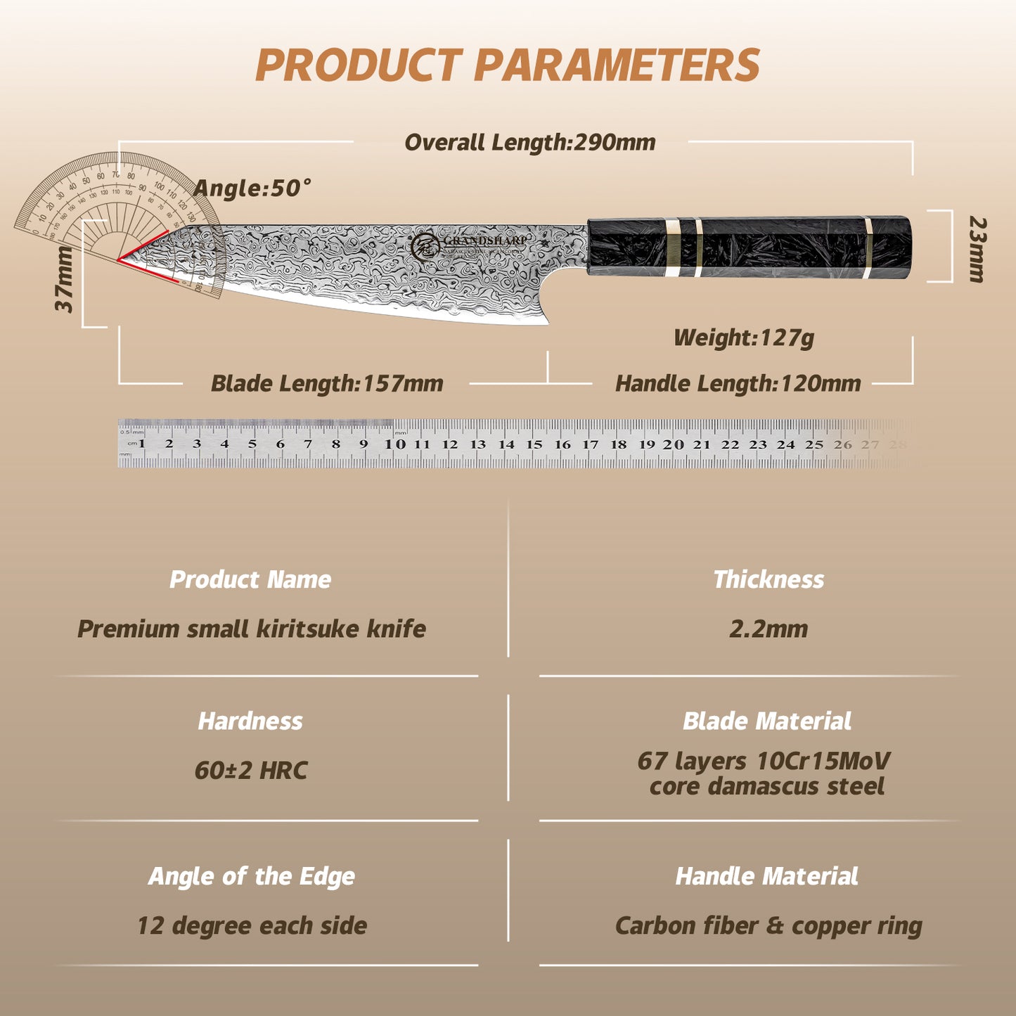 Grandsharp 67 Layers Utility Knife 6'' 10Cr15MoV Damascus Steel Utility Kitchen Knives with Black Carbon Fiber Handle