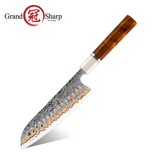 Grandsharp 55 Layers Copper Damascus Santoku Knife New Handle