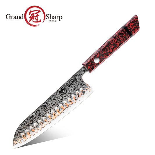 Grandsharp 55 Layers Copper Damascus Santoku Knife with Red Handle