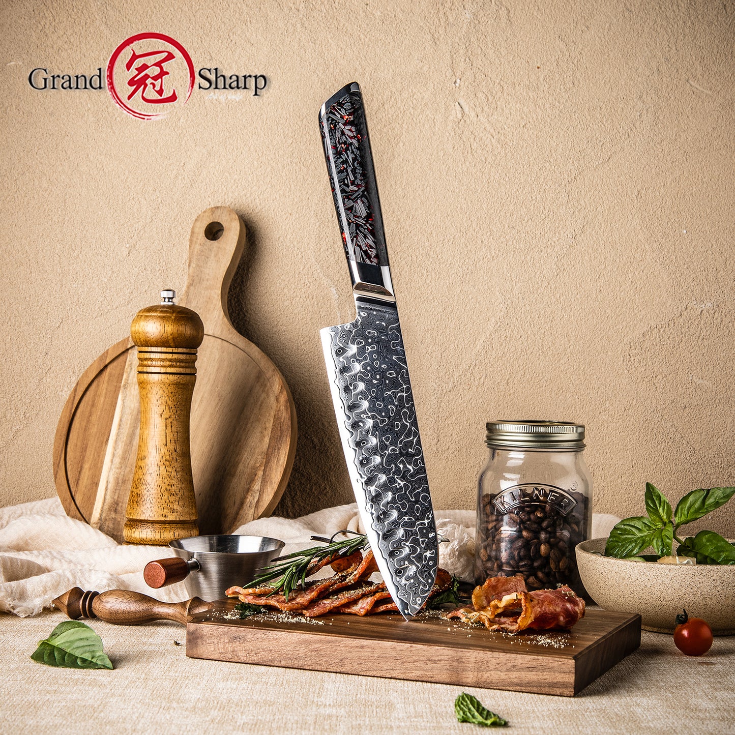 Grandsharp Premium Damascus Santoku Knife 7 Inch 129 Layers Steel Kitchen Santoku Knives with Black Carbon Fiber+Resin Handle