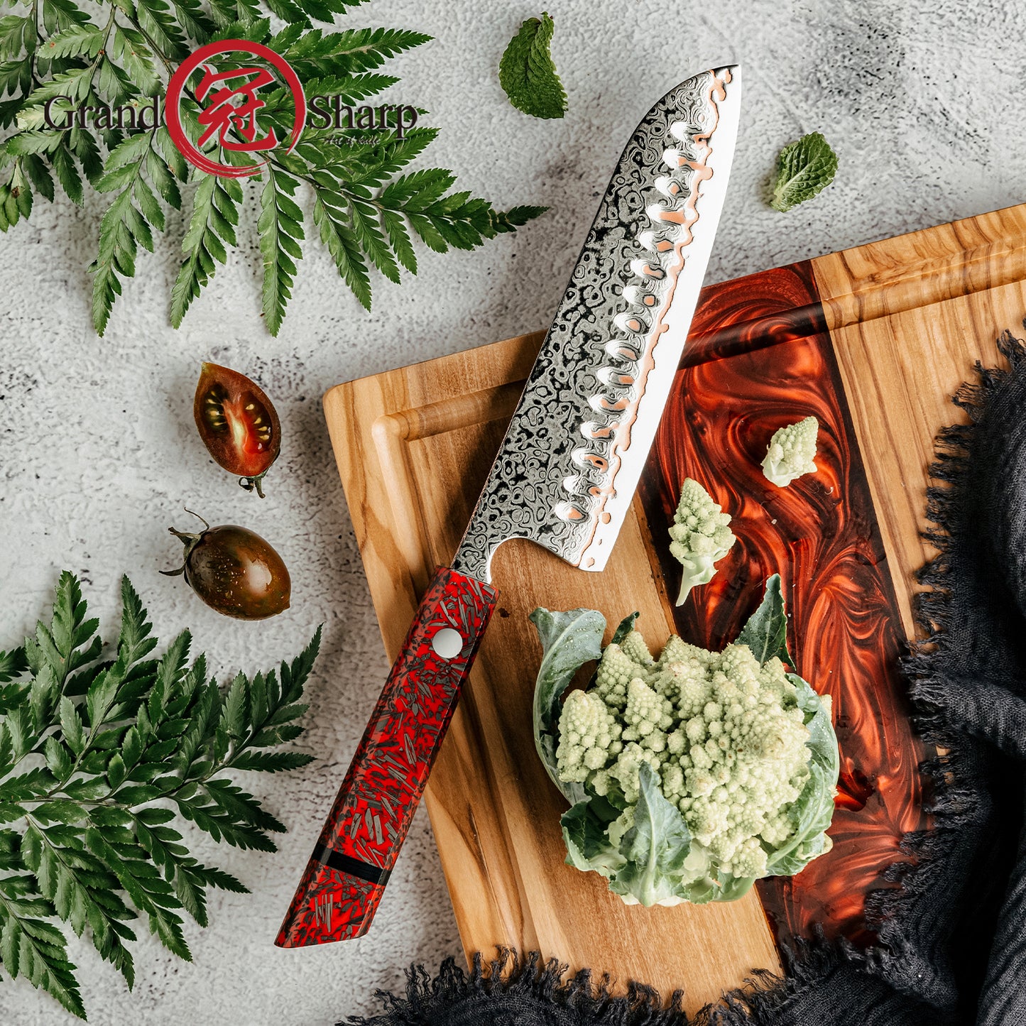 Grandsharp 7 Inch Kitchen Santoku Knife Japanese 55 Layers Copper Damascus Steel Santoku Knives Red Resin & Carbon Fiber Handle
