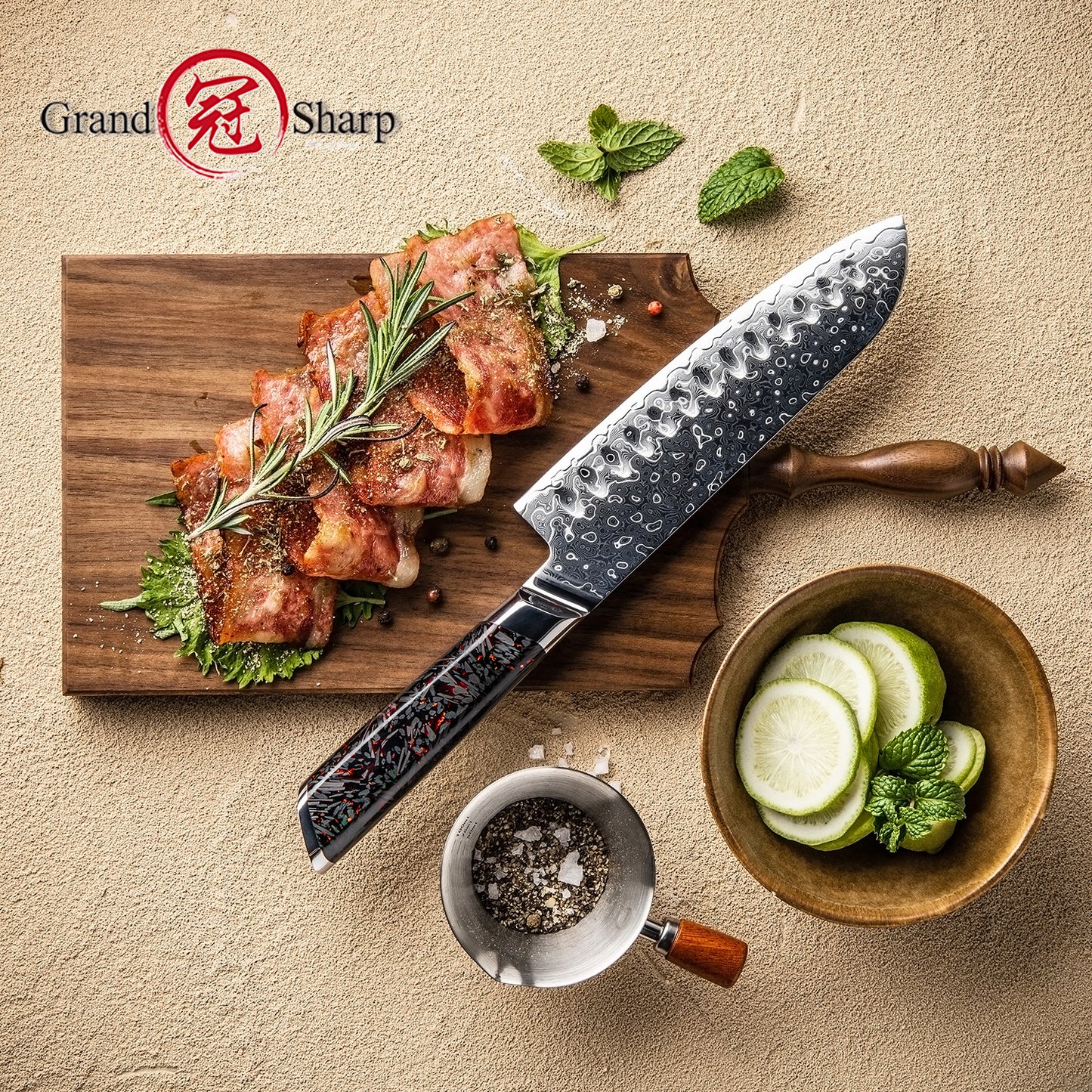 Grandsharp Premium Damascus Santoku Knife 7 Inch 129 Layers Steel Kitchen Santoku Knives with Black Carbon Fiber+Resin Handle