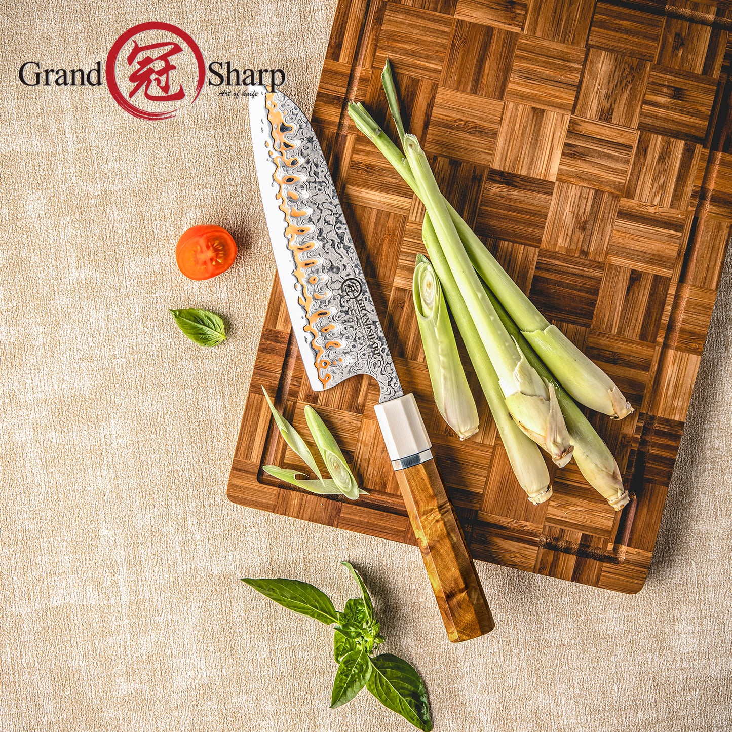 Grandsharp 55 Layers Copper Damascus Steel Japanese Santoku Knife with Solidified Wood+Imitation Ivory Handle