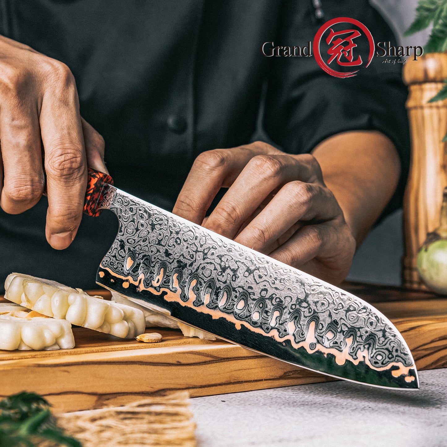 Grandsharp 7 Inch Kitchen Santoku Knife Japanese 55 Layers Copper Damascus Steel Santoku Knives Red Resin & Carbon Fiber Handle