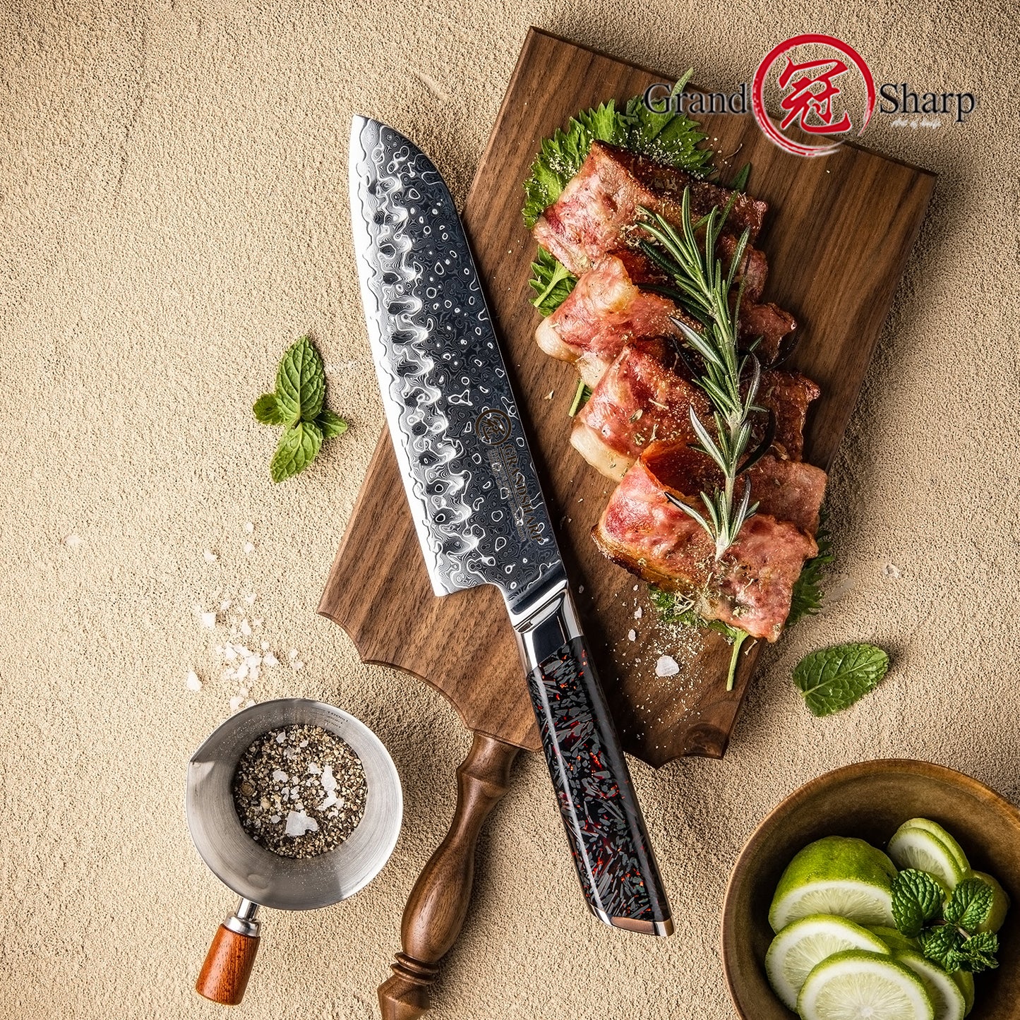 Grandsharp Premium Damascus Santoku Knife 7 Inch 129 Layers Steel Kitchen Santoku Knives with Black Carbon Fiber+Resin Handle