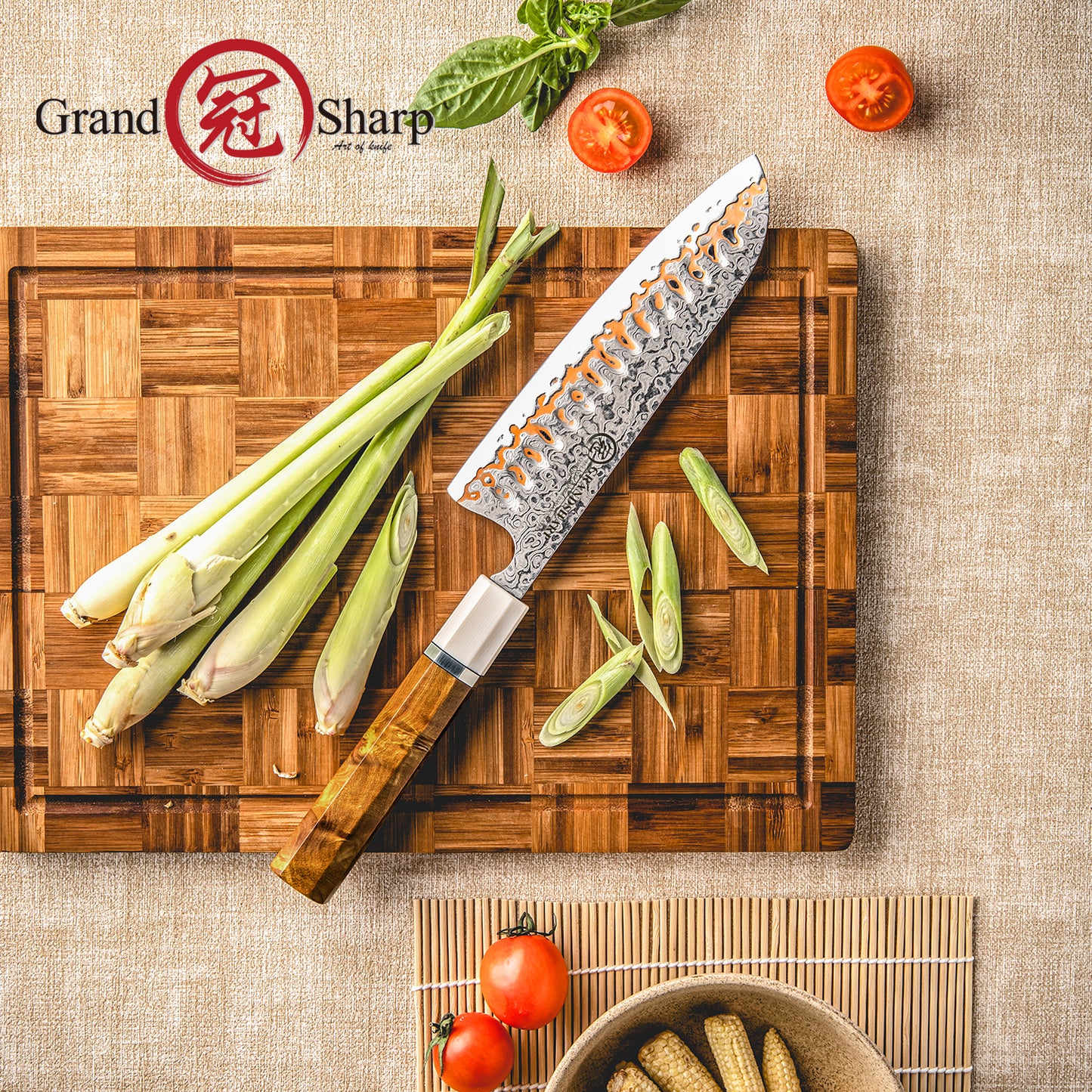 Grandsharp 55 Layers Copper Damascus Steel Japanese Santoku Knife with Solidified Wood+Imitation Ivory Handle