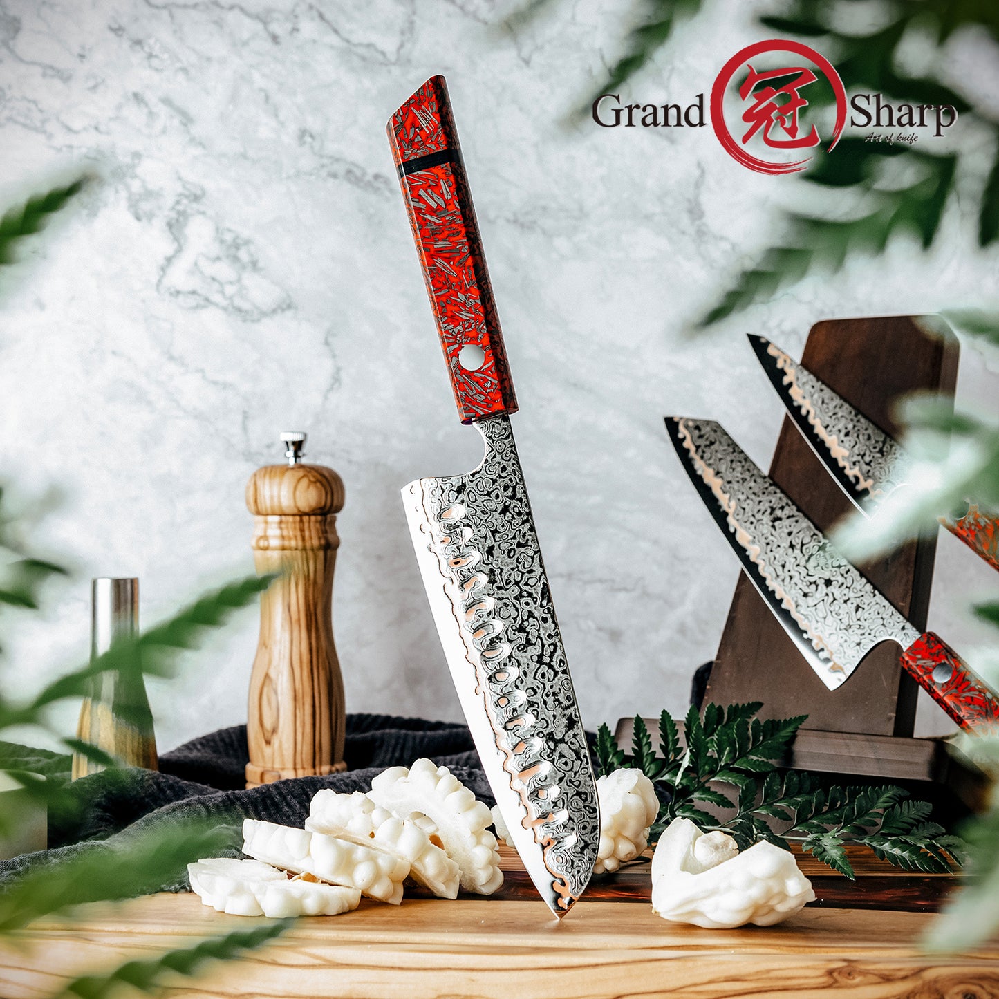 Grandsharp 7 Inch Kitchen Santoku Knife Japanese 55 Layers Copper Damascus Steel Santoku Knives Red Resin & Carbon Fiber Handle