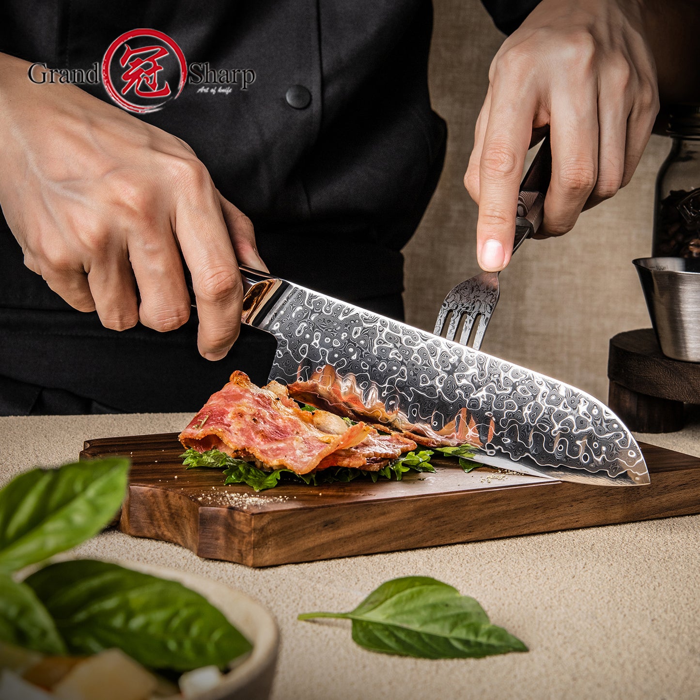 Grandsharp Premium Damascus Santoku Knife 7 Inch 129 Layers Steel Kitchen Santoku Knives with Black Carbon Fiber+Resin Handle