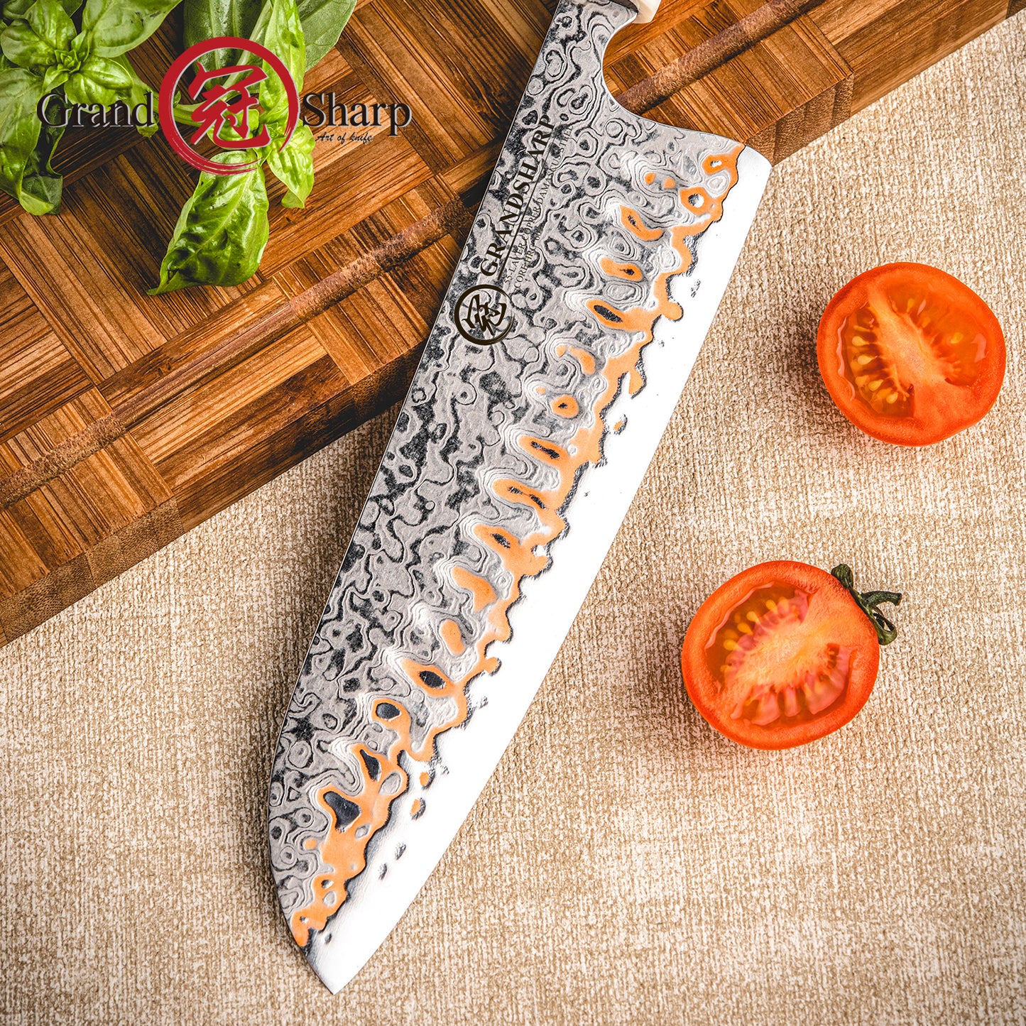 Grandsharp 55 Layers Copper Damascus Steel Japanese Santoku Knife with Solidified Wood+Imitation Ivory Handle