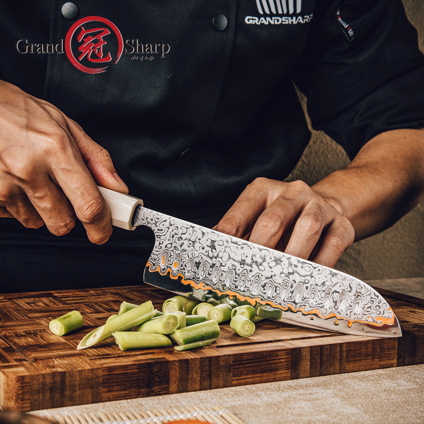 Grandsharp 55 Layers Copper Damascus Steel Japanese Santoku Knife with Solidified Wood+Imitation Ivory Handle