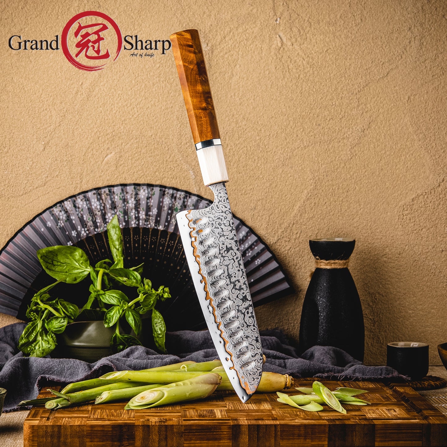 Grandsharp 55 Layers Copper Damascus Steel Japanese Santoku Knife with Solidified Wood+Imitation Ivory Handle
