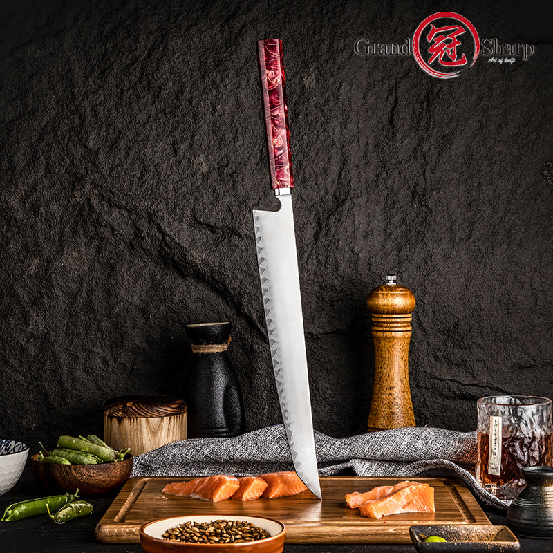 Grandsharp Handmade High Carbon 5 Layers Clad Steel Kitchen Chef Sakimaru Sushi Knife Red Resin Handle
