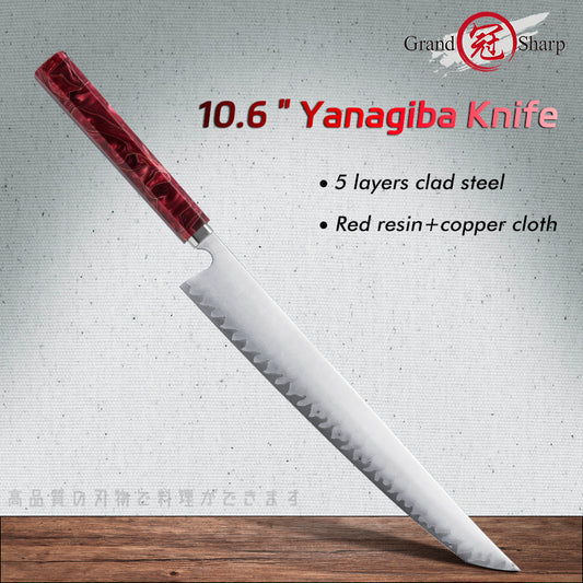 Grandsharp Handmade High Carbon 5 Layers Clad Steel Kitchen Chef Sakimaru Sushi Knife Red Resin Handle