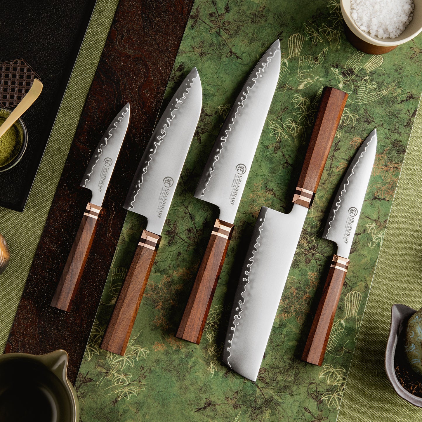 Grandsharp 1-5Pcs Kitchen Knife Set ZDP-189 Steel Core 3 Layer Composite Africa Mkuruti Wood&Brass Handle Complete Knife Set