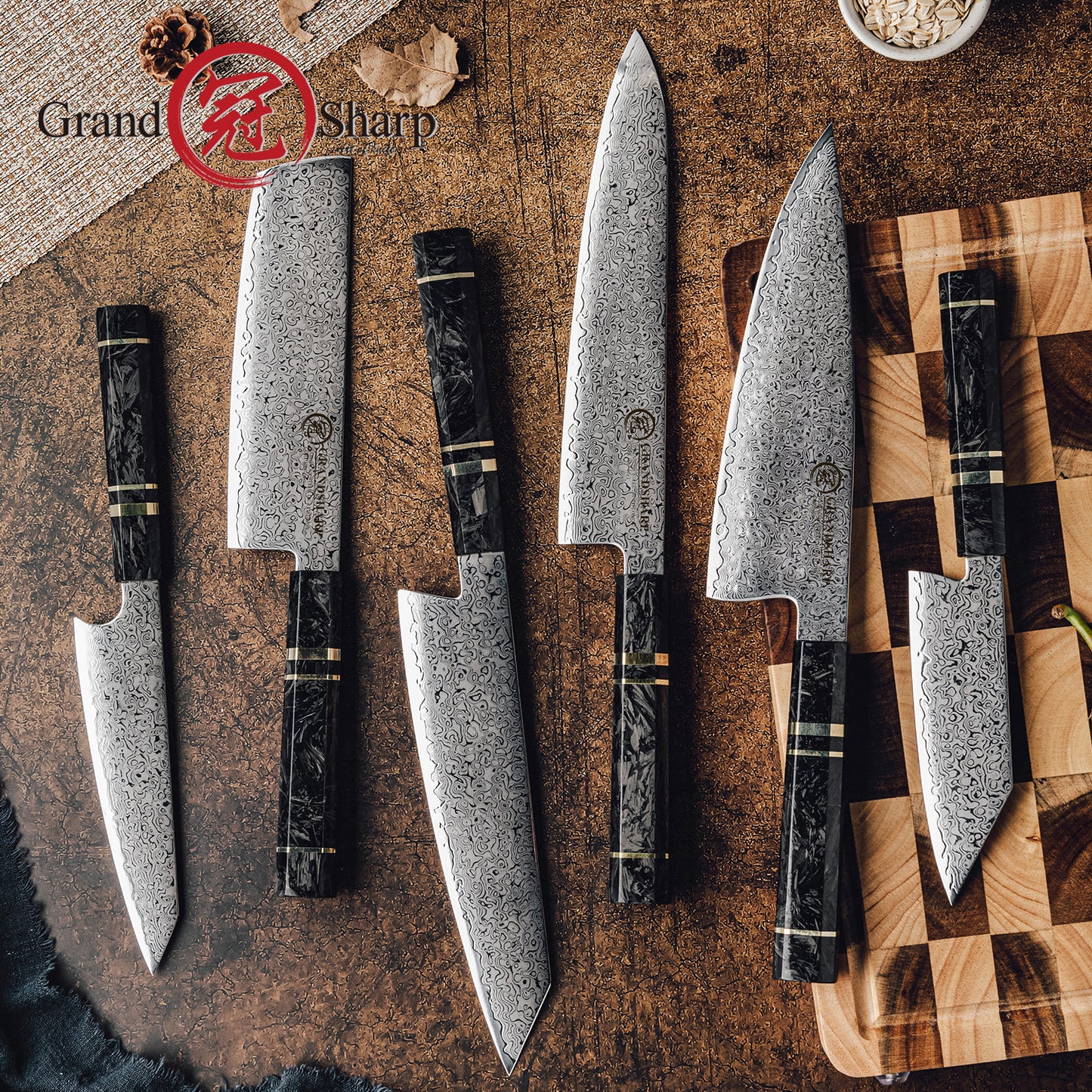 Grandsharp 6 Pcs Japanese Chef Kitchen Knives Set 67 Layers 10Cr15Mov Damascus Steel Chef Knife Sets Black Carbon Fiber Handle