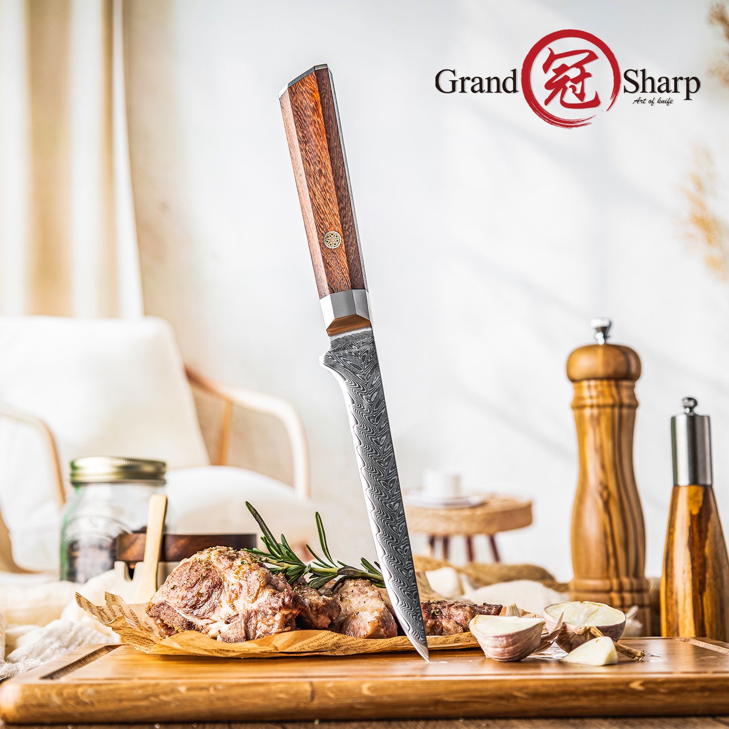 Grandsharp Rose Wood Handle Damascus Boning Knife