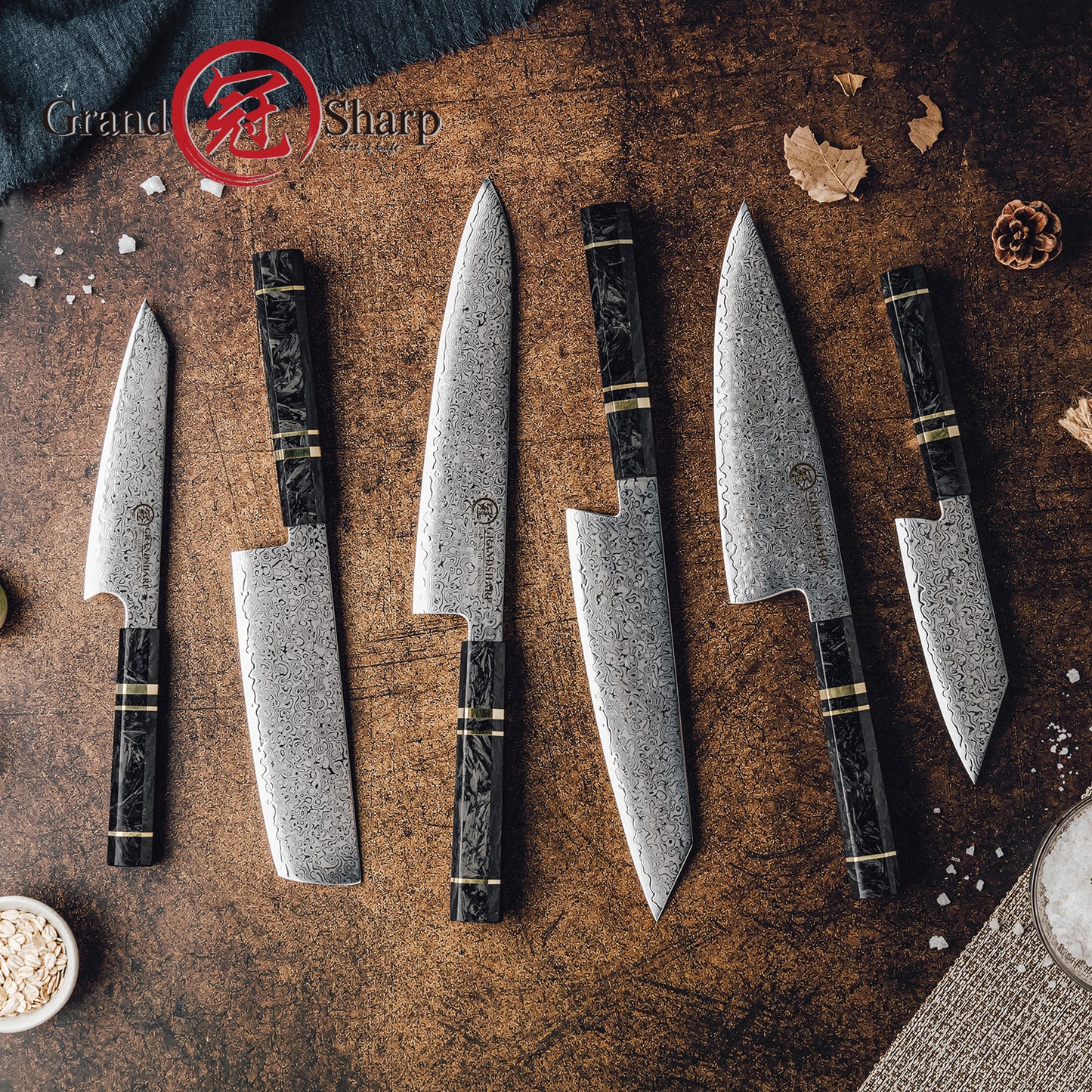 Grandsharp 6 Pcs Japanese Chef Kitchen Knives Set 67 Layers 10Cr15Mov Damascus Steel Chef Knife Sets Black Carbon Fiber Handle