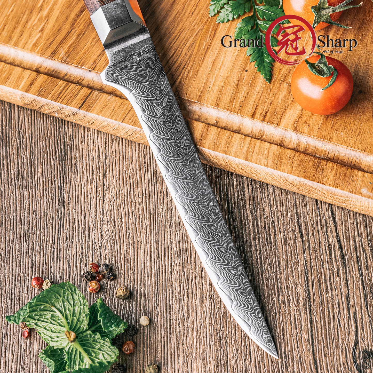 Grandsharp Rose Wood Handle Damascus Boning Knife